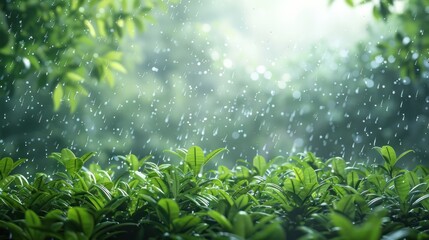 Lush verdant foliage with refreshing raindrops glistening on the leaves in a serene forest landscape  The natural environment is filled with vibrant greenery
