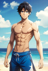 Arafed Man anime with a Havai on the beach