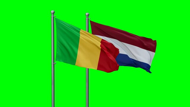 Netherlands and Mali flags flying together, video concept of the relationship with colored chroma key for easy background remove