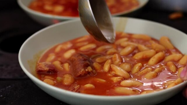 unrecognizable cook pouring Asturian fabada (beans with chorizo, black pudding and bacon) with a heron in the kitchen of a restaurant.