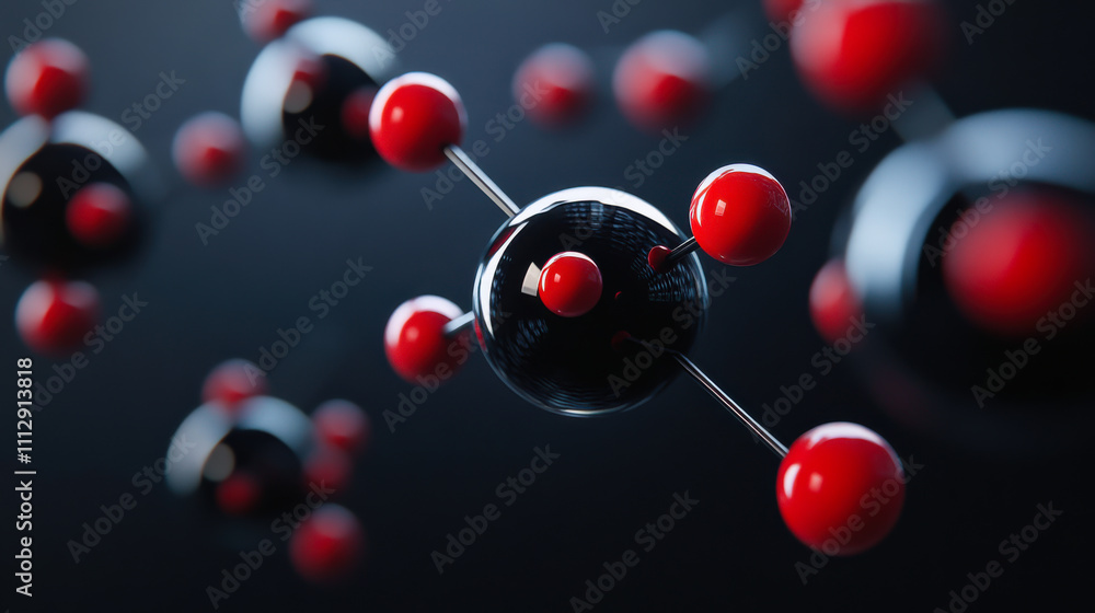 Aufkleber abstract representation of molecular structures with black and red atoms set against a dark backgrou