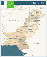 Obraz premium Pakistan Map Vector Vintage Dark Blue Beige - Customizable layered political map of Pakistan with administrative divisions for website, education, reports, news, politics, print, poster and wallpaper