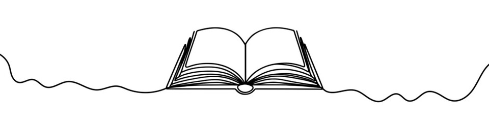 One continuous line illustration of an open book, isolated on white background. Line art of open book