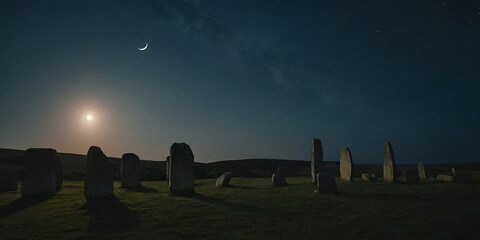 ancient ruins glowing softly under a twilight moon