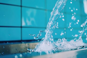 Mixer Tap Showcasing Flowing Water Against a Vivid Blue Backdrop in a Modern Kitchen Setting