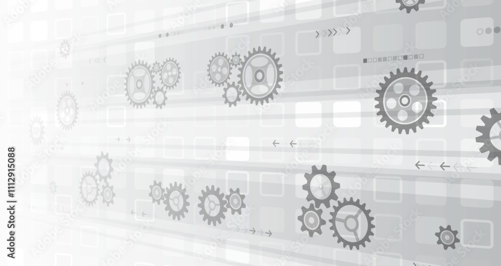 Poster The mechanism consisting of gears on a grey background for the presentation. Cogwheel for science experiment presentation. Futuristic high tech concept. Business and industry internet banner.