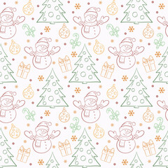Hand drawn Christmas seamless pattern with snowman and Christmas trees. Festive background for Christmas and New Year design
