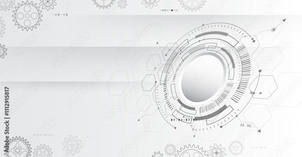Poster Futuristic high tech concept. Business and industry internet banner. The mechanism consisting of gears on a gray background for the presentation. Cogwheel for science experiment presentation.