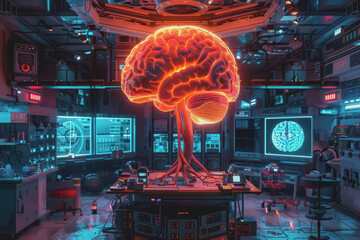 Obraz premium Orange genius brain creates nerves in the lab with a holographic screen and scientific equipment.