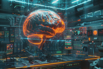 Orange genius brain creates nerves in the lab with a holographic screen and scientific equipment.
