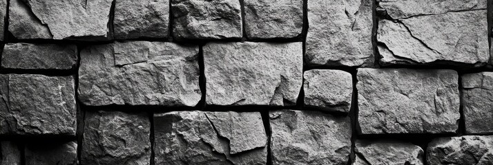 Textured Gray Stone Wall, Panoramic View of Mosaic Rocks in Various Shades for Background