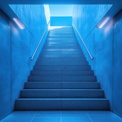 Fototapeta premium A modern staircase illuminated in blue light, leading upward through a minimalist space.