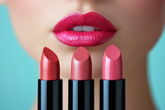 Close-up of Womans Lips with Pink Lipstick and a Collection of Lipsticks on a Blue Background