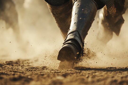 A low angle captures the powerful stance of armored boots as they pummel through dusty terrain, emphasizing grit and determination in a historical combat scenario.