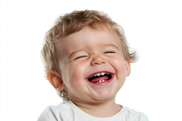 Joyful and Adorable Baby Face with Pure Laughter Against a White Background