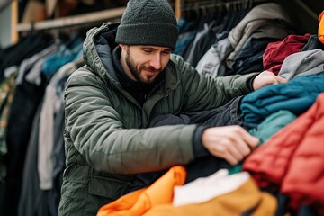 Fototapeta premium Volunteers sorting out clothes in donation center
