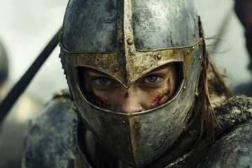 Fototapeta premium A powerful image of a female warrior donning armor, showing her fierce determination through a striking glare and battle marks that symbolize resilience and strength.