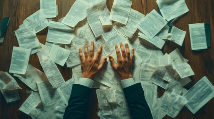 Paperwork documents hands office work stress desk overload business files organization chaos management paper research clutter task professional focus job deadline effort pressure