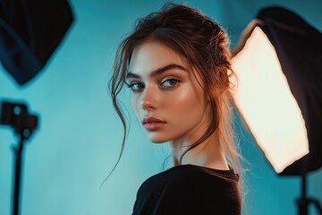 Fototapeta premium Model woman posing and looking at camera in professional photo studio