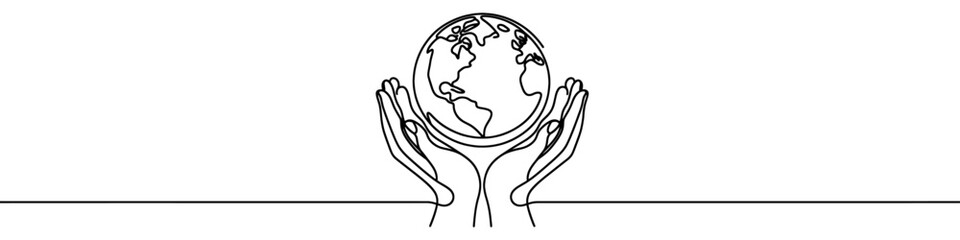 One continuous line illustration of planet Earth in hands, isolated on white background. Line art of planet Earth in hands