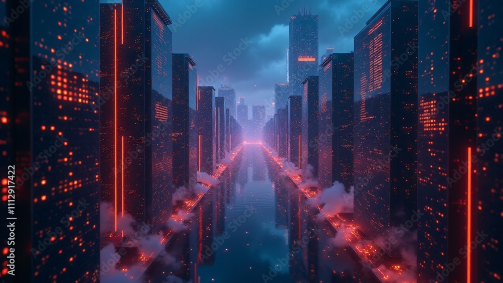Poster a vibrant urban scene showcasing a blockchain-powered city. neon colors dominate the skyline as inte
