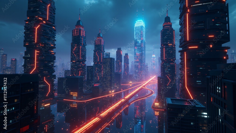 Poster a vibrant urban scene showcasing a blockchain-powered city. neon colors dominate the skyline as inte