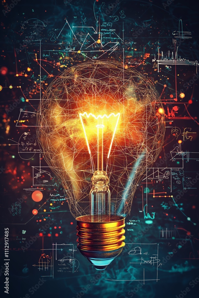 Aufkleber glowing lightbulb with creative wireframe design, symbolizing ideas, innovation, and technological b