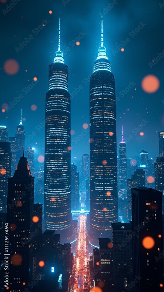 Poster a vibrant urban scene showcasing a blockchain-powered city. neon colors dominate the skyline as inte