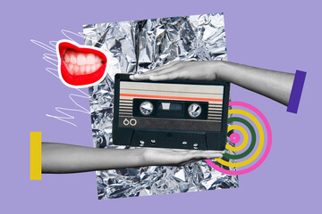 Creative design composite trend artwork collage of weekend carefree night party occasion listen music anonymous hand hols cassette lips