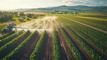 Farmers using irrigation systems to water crops on a large farm