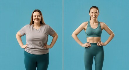 Transformation journey concept featuring young caucasian female before and after fitness lifestyle change