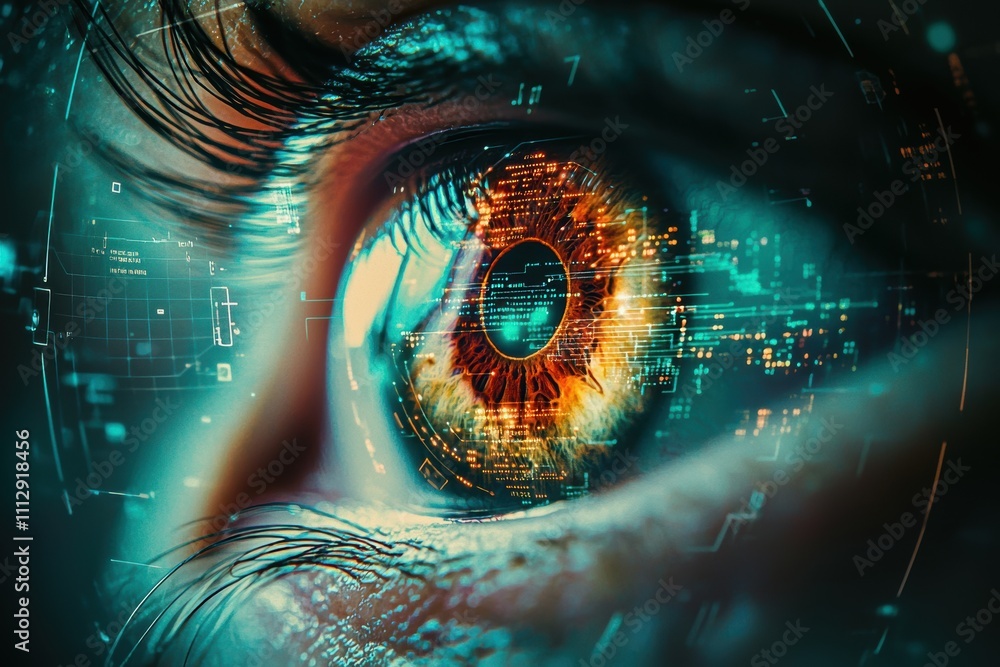 Poster biometric eye scan with holographic data overlays for digital security interface concepts