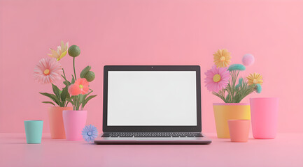 Laptop Mockup with Vibrant Flowers for Creative Projects, AI GENERATIVE 