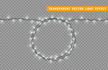 Christmas lights garlands. Festive design elements. Celebrate realistic object. Holiday Xmas Decor. New Year light effects isolated. Vector illustration.