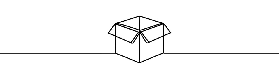 One continuous line illustration of an open box, isolated on white background. Line art of open box