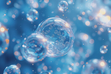 blue bubble transparent membrane molecule algae cell water drop algae cell with small particles.