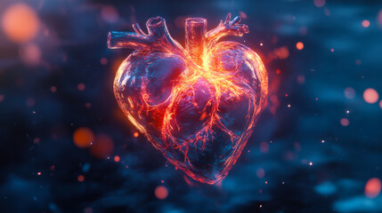 A glowing, detailed heart model illuminating the dark background with vibrant colors, symbolizing life and vitality in a digital art format