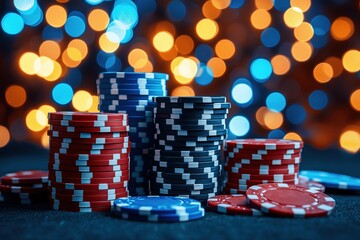 Poker chips stacked with colorful bokeh
