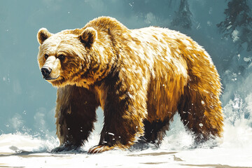 Obraz premium Majestic Grizzly Bear Walking Through Winter Snow