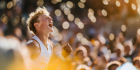 Athlete celebrating win with crowd and bokeh lights. Horizontal banner for sports marketing, championship events, victory campaigns, athletic achievements, inspirational content