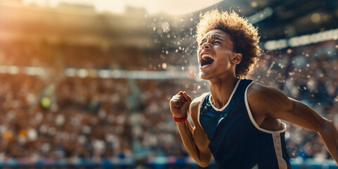 Young athlete celebrating victory in stadium with golden sunlight. Horizontal banner for sports events, athletic competitions, motivation campaigns, fitness brand, championship marketing, space