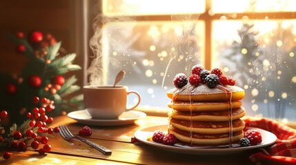 Fototapeta premium Cozy Winter Breakfast Nook with Pancakes and Berries for a Warm Seasonal Morning