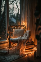 Cozy Winter Reading Corner with LED Lights and Books for a Warm Atmosphere