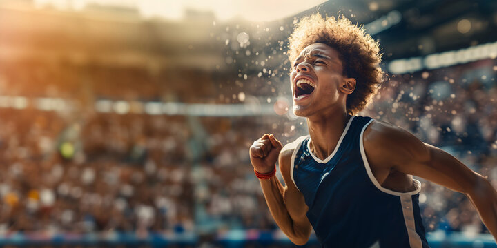 Young athlete celebrating victory in stadium with golden sunlight. Horizontal banner for sports events, athletic competitions, motivation campaigns, fitness brand, championship marketing, space