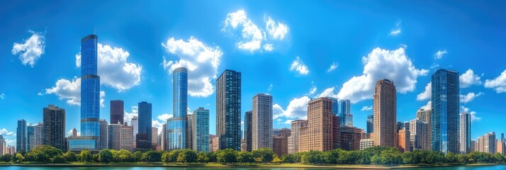 Naklejka premium Vibrant Urban Skyline. Contemporary Cityscape with Skyscrapers Against a Panoramic Horizon