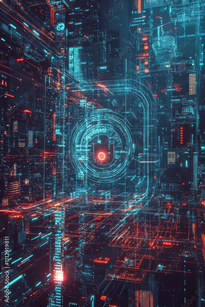 Poster biometric security visualization: digital fortress of glowing lines and protective elements