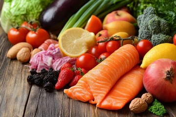 A vibrant and colorful display of fresh fruits, vegetables, and salmon showcases a healthy lifestyle and promotes the enjoyment of cooking and eating healthily.
