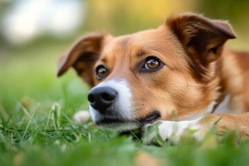 A thoughtful dog resting on the grass, gazing into the distance with a serene expression, perfectly capturing the bond between pets and nature in a calm outdoor setting.