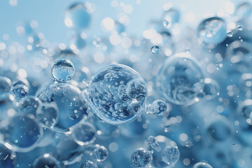 blue bubble transparent membrane molecule algae cell water drop algae cell with small particles.