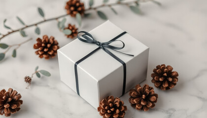 Elegant holiday present with simple wrapping and pinecones on white background